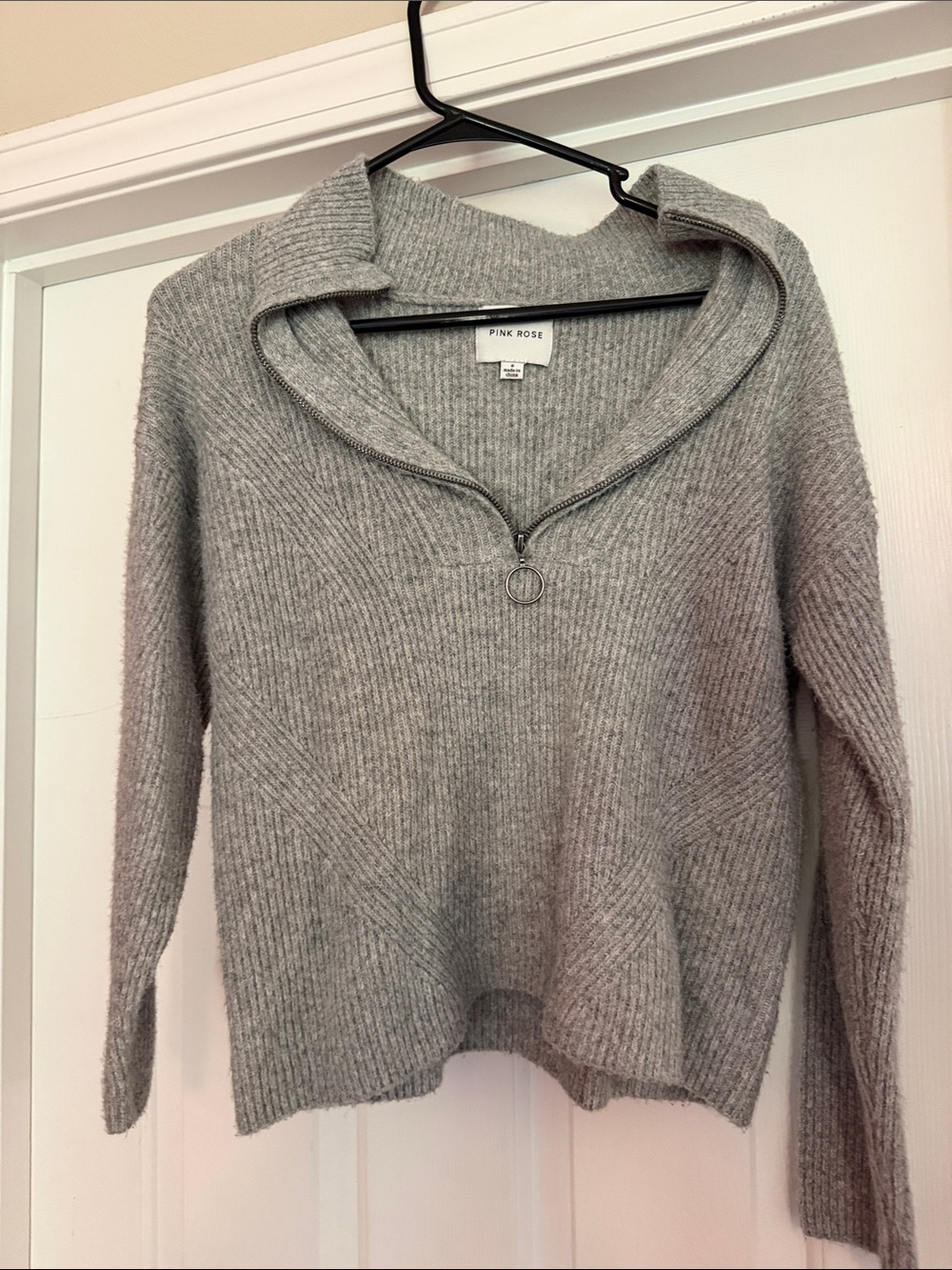 Pink Rose Gray Ribbed Half-Zip Sweater